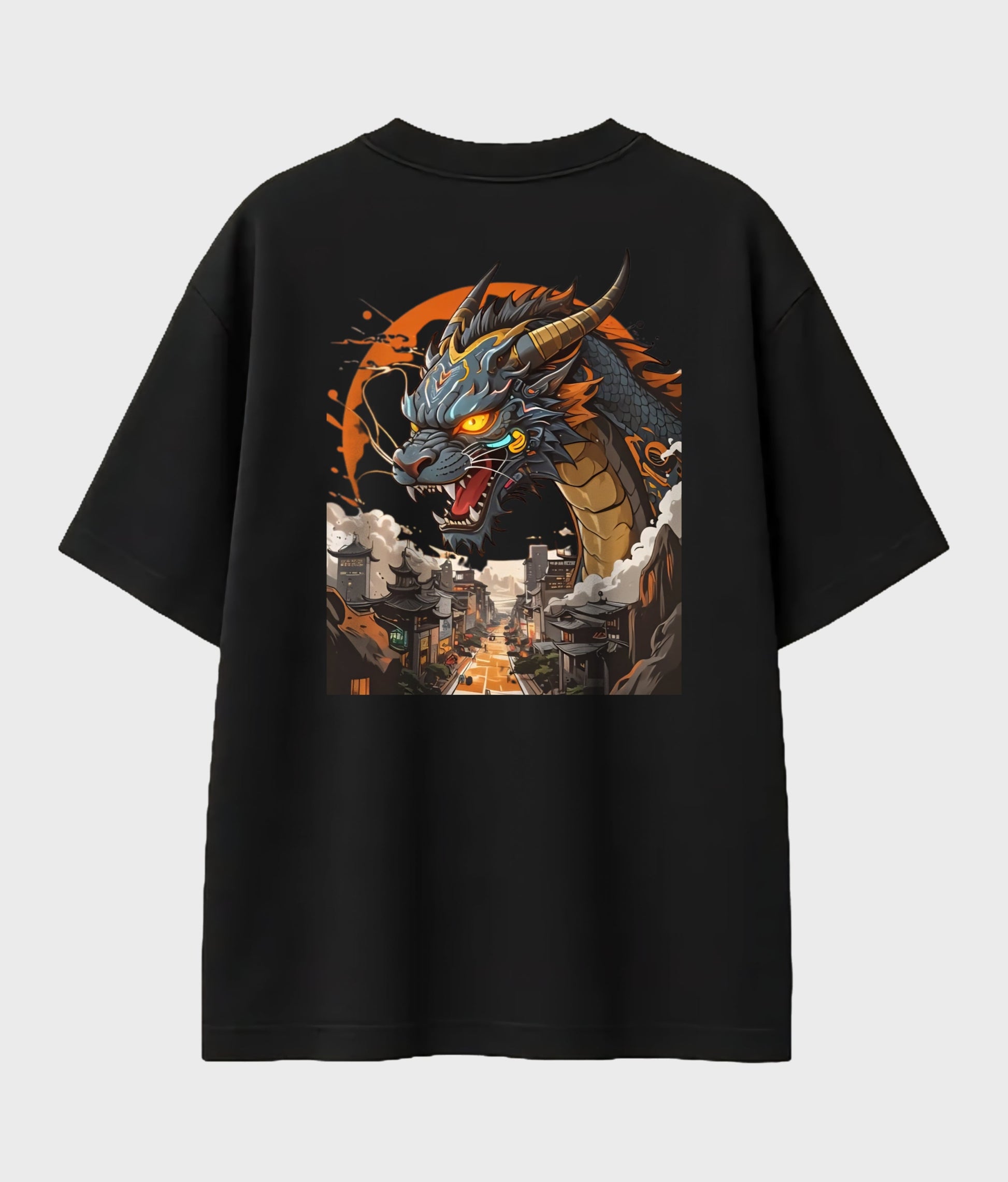 Inferno Dragon Cityscape Tee – Bold Graphic Streetwear Shirt Artecho